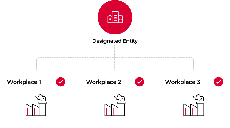All workplaces (Workplace 1, 2 and 3) owned by the designated entity are covered